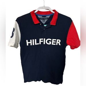 Boys Tommy Hilfiger Collared Polo Shirt - Red - White - Blue - Size Large 16/18